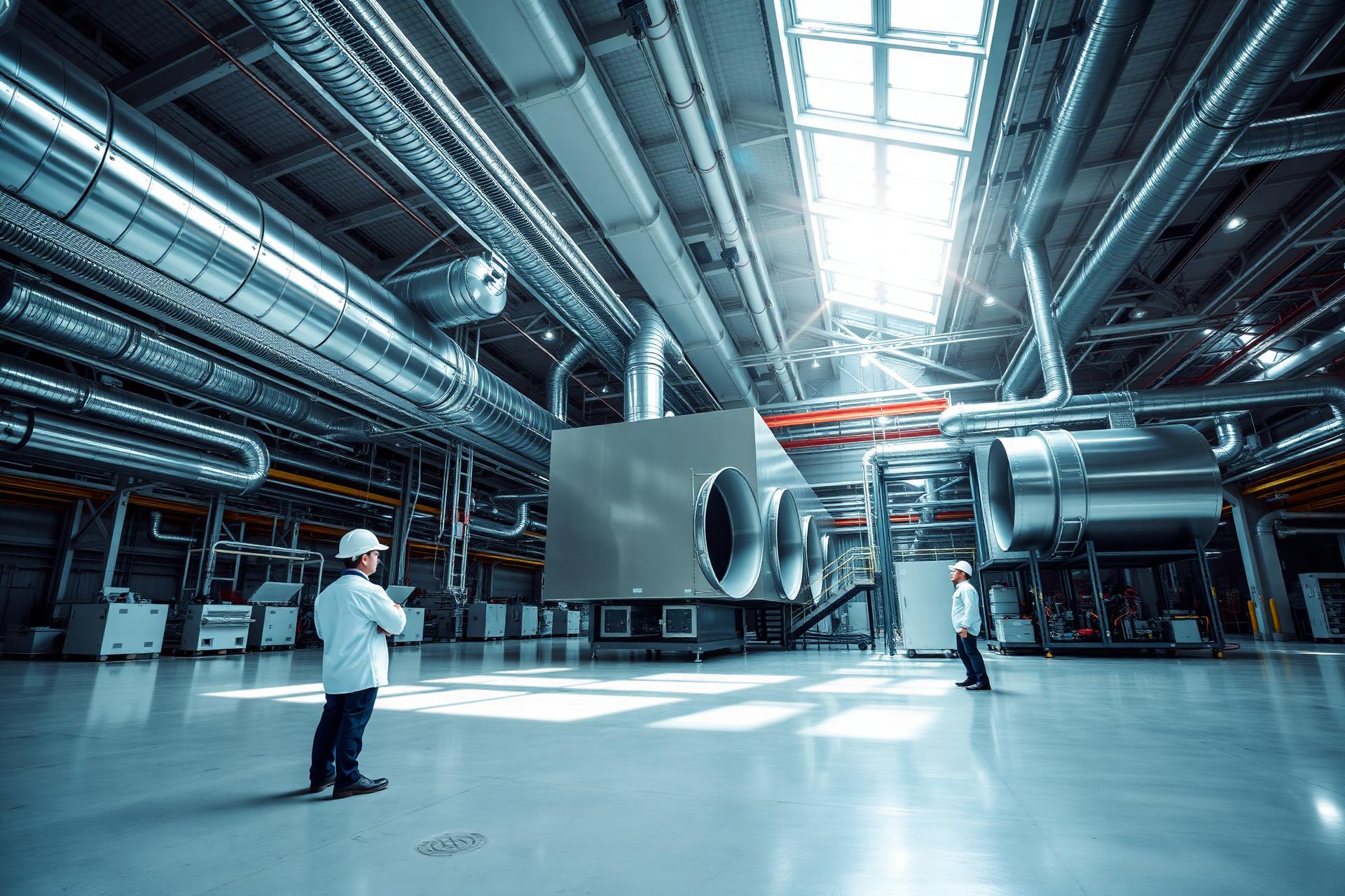 Industrial HVAC plant interior with engineers inspecting equipment